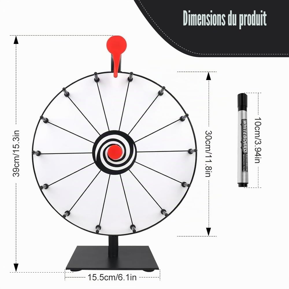 Roue de La Fortune,30cm Roue de la Chance avec 14 Emplacements,Roues de Loterie avec Gomme et marqueur,Roues de Prix Tournante pour Jeux de Loterie,Jeux de Mots Carnaval,Fête Noir et Blanc