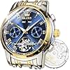 OLEVS Watch Men Automatic Watches for Men Self Winding Luxury Chronograph Mens Watch Mechanical Skeleton Sports Dress Analog Wrist Watches Big Blue Face Silver And Gold Stainless Steel Relojes Automáticos Para Hombre Originales