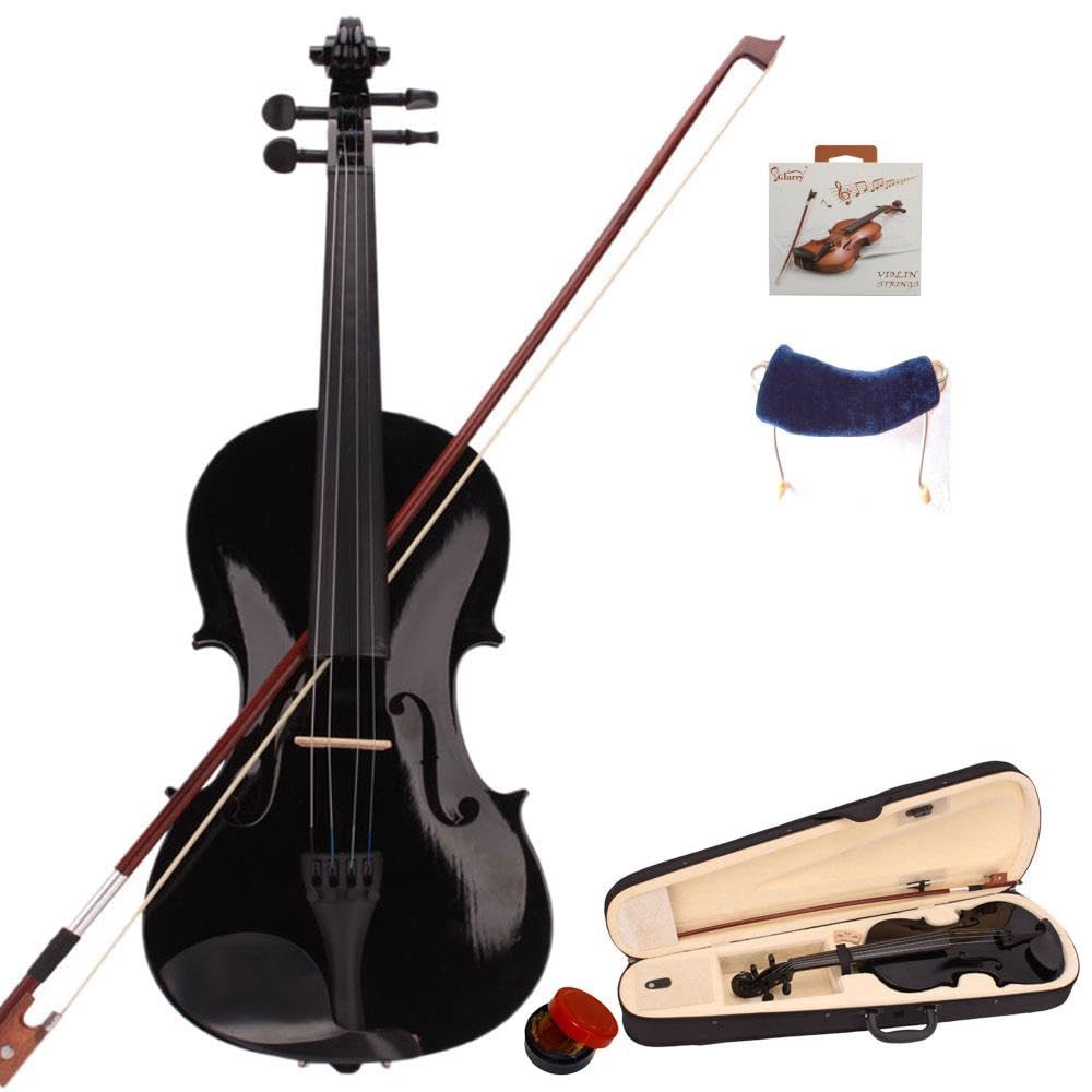 LEADZM Set di violino 4/4 Full Size, violino con astuccio, tendine ad arco, colofonia, supporto per spalle ammortizzato, violino in legno massello per principianti (nero)