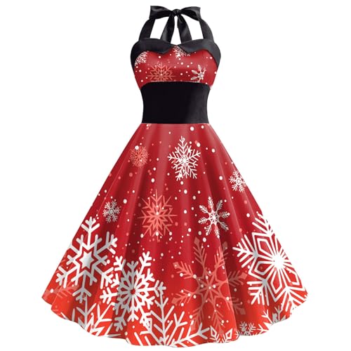 Laurel & Mason Weihnachtskleider für Damen, Neckholder, ärmellos, Neuheit Kleid für Weihnachtsfeier, Winter Plissee Kleid, Rote Schneeflocke, 36-38