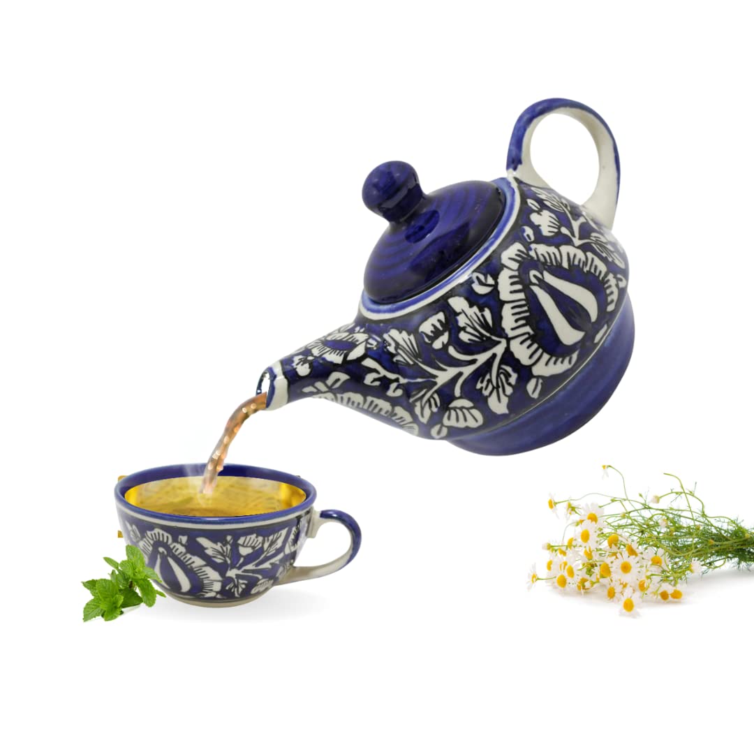 Hand Painted Ceramic Blue Printed Tea Pot Set, 380 ml Tea Pot with lid and 1 Cup 180 ml Floral Without Strainer (Blue)