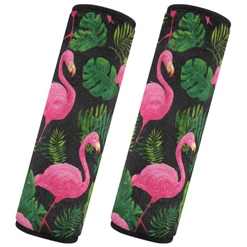 Image of Hot Pink Flamingos and Green Tropical Leaves Seat Belt Cover Pad 2 Pcs Soft Cute Seatbelt Covers Protector Support Head Neck Shoulder Strap for Car Seats High Chair Backpack for Adults Kids Wom