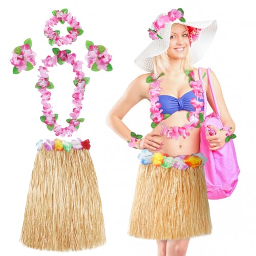 Aomig Disfraz Hawaiano Falda de Paja, 5 Pcs Set Hawaiano con