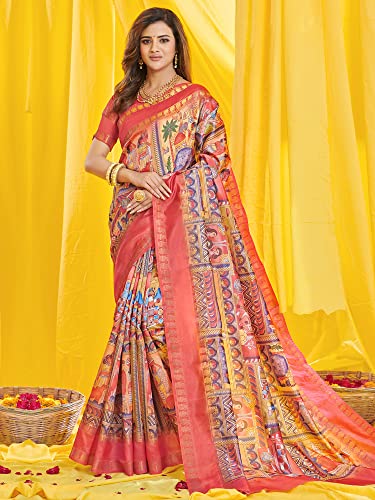 Image of AKHILAM Women's Dola Silk Warli Saree With Unstitched Blouse Piece (KASAVU101 HS Parent)