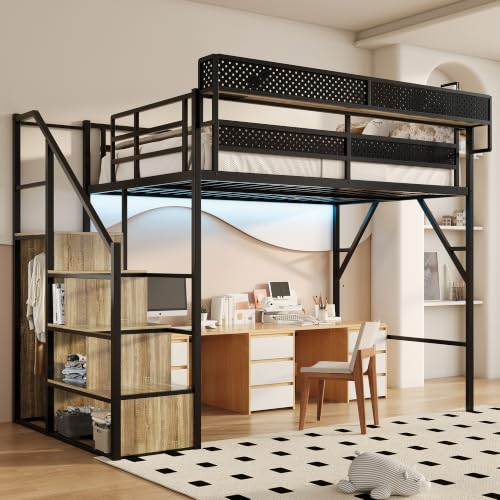 Image of Full Size Metal Loft Bed with Storage Stairs, Wardrobe & Charging Station