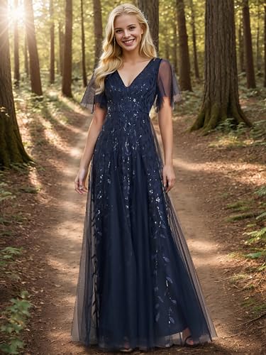 Image of Ever-Pretty Women's Sequin Formal Dresses Evening Gown Sparkly V-Neck Short Sleeve Floor Length Mother of The Bride Dress 736