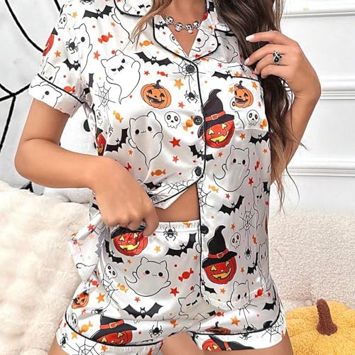 RUEWEY Halloween Womens Pajamas Set Ghost Pumpkin Print Short Sleeve Button Down 2 Piece Loungewear Sets Sleepwear3