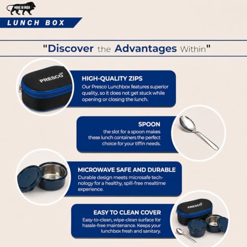 Image of PRESCO Insulated Lunch Box Set (2 Microwave Safe Inner Steel Containers, 450ml*2; with Steel Spoon) with Insulated Fabric Bag, Lunch Box for Office Use, Leak Proof, Tiffin Box for Men (Blue)