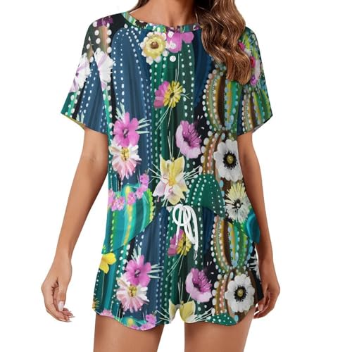Pyjama femme manches courtes ensemble de pyjama pour femme coton été cactus