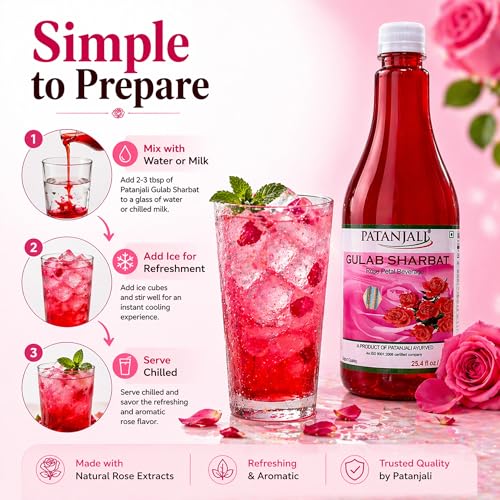 Image of Patanjali Gulab Sharbat Bottle, 750ml