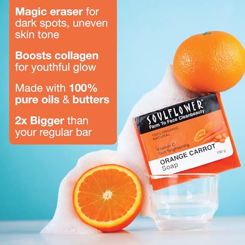 Image of Soulflower Orange Carrot Soap Handmade, 100% Pure, Natural & Cold Processed Grade 1 Bis Standard Premium & Luxurious Soap With Essential Oils, Exotic Herbs & Aroma, 150G