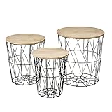 HOMCOM Couchtisch Beistelltisch 3-teilig Nachttisch Korbtisch mit abnehmbaren Deckel mit durchbrochenes modernes Design Satztisch Wohnzimmer Schlafzimmer Metall MDF Naturholz+Schwarz Ø42 x 45H cm