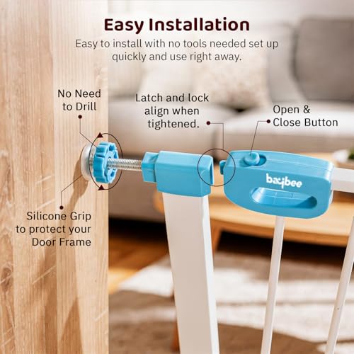 Image of Baybee Baby Safety Gate for Door & Stairs 75-85 cm | No Drill Auto-Close Safety Gate for Kids & Pets | 180 Wide Opening Door Safety Gate | Adjustable Baby & Dog Gate Barrier for Home (White & Blue)