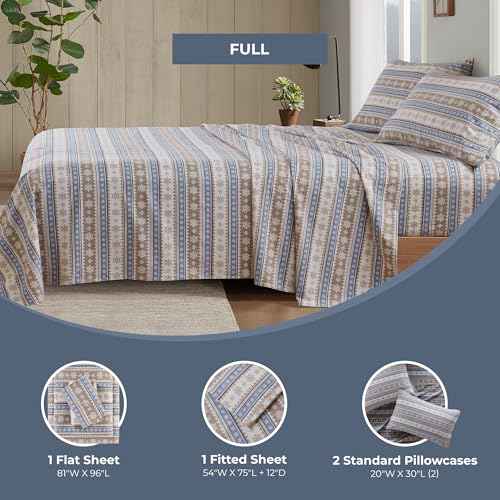Image of Woolrich Cotton Sheet Set Cottage Charms Print, 100% Cotton Flannel Sheets Warm & Fuzzy Bedding Set Full Size Sheets, Fitted Pocket Fits Up to 12 inch Mattress, Full Blue Snowflake 4 Piece