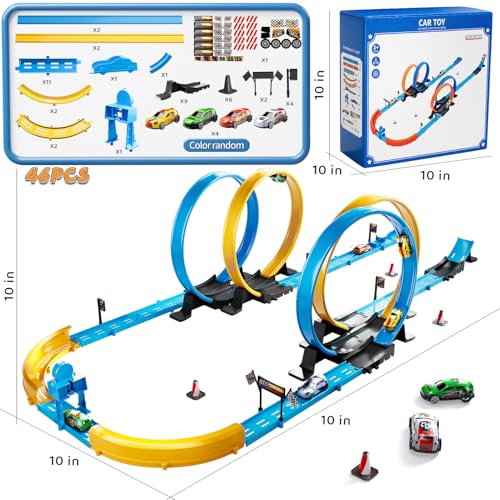 LILYBUDS Toy Car Track Gift Set for Boys Kids Age 3-5 4-7 8-12, Long Race Tracks with 4 Action Loops and 4 High-Speed Slot Die-Cast Race Cars, 35+ Pieces Race Tracks to Create Multiple Configurations