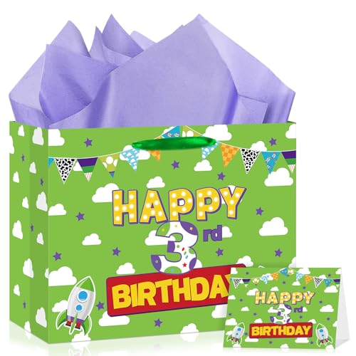 TagreSpike Cartoon Story 3rd Birthday Gift Bag with Tissue Papers and Card Green Sky Cloud Rocket Theme 3rd Birthday Gift Wrapping Paper Bag for Kids Story Theme 3 Years Old Party Favors Decorations