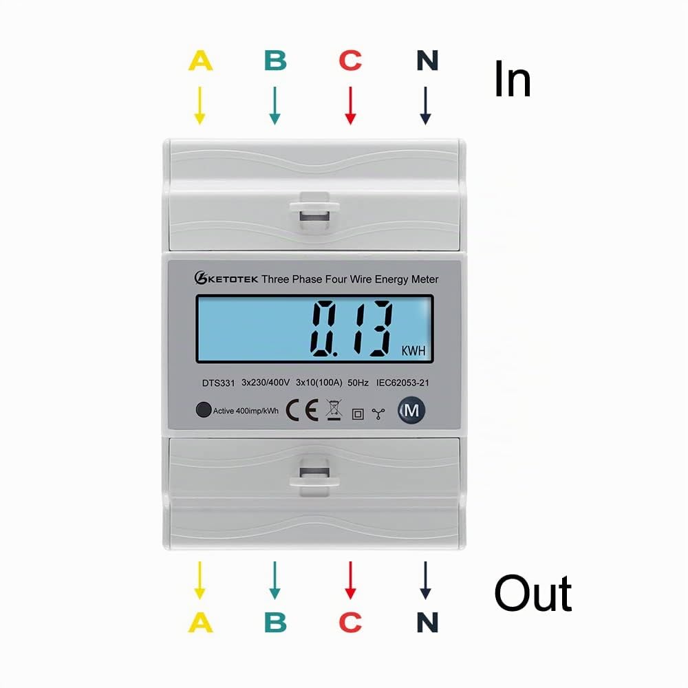 KETOTEK Contatore elettrico trifase AC Amp Volt Potenza Energia Monitor Top Hat Guida DIN Wattmetro bidirezionale Consumo energetico Ingresso Uscita kWh 3x230V/400V 10(100) A 50/60Hz DTS331