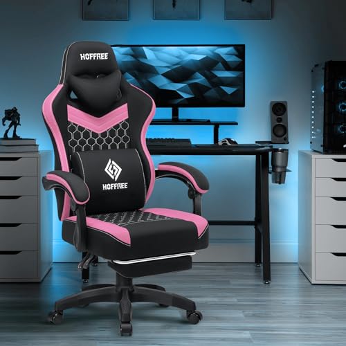 HOFFREE Gaming Chair Computer Chair Fabric with Speakers Massage Game Chair with Footrest Bluetooth Ergonomic High Back Gamer Chairs with Lumbar Reclining Gaming Chairs for Adults Pink and Black の商品画像 1