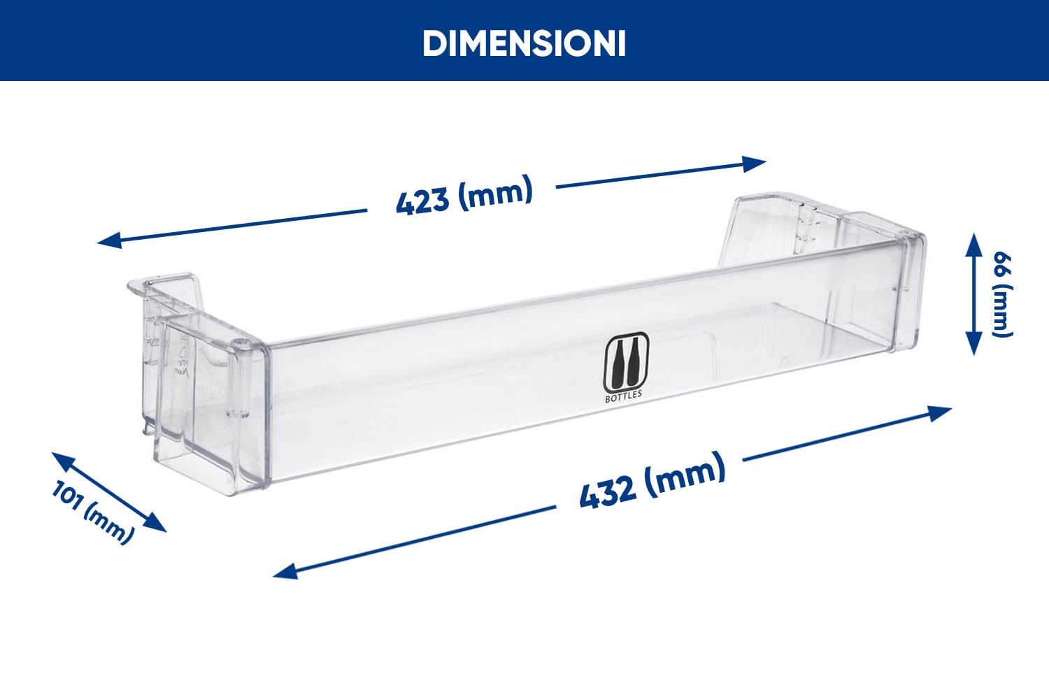 eRicambi®, Balconcino Mensola Portabottiglie per Frigorifero, Compatibile con Whirlpool Bauknecht Hotpoint Ariston, Dimensioni: 432x101x66 (mm) per Modelli: ARGR ART ARZ ARG