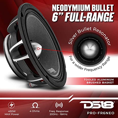 Ds18 Pro-Fr6Neo 6.5" Full-Range Loudspeaker - Silver Aluminum Bullet, 450W Max, 225W Rms, 4-Ohms, Grill Included, Neodymium Magnet - Best Fullrange Car Audio Door Speaker (1 Speaker) #TOP1
