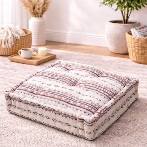 Image of Reversible 60x60x10 cm Woven Quilted Off White Floor Cushion with Cotton Filler for Seating, Patio Seat, Meditation, Yoga, Pooja, Guests, Living Room, Bedroom, Large Size 24x24x4 Inch