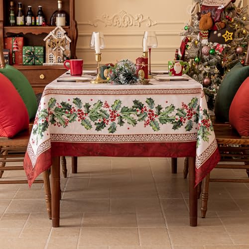 Softalker Christmas Jacquard Rectangle Tablecloth, Winter Vintage Holly Waterproof Table Cloth, Xmas Farmhouse Fabric Table Cover for Holiday, Dining, Party Decor, DHHolly 60 x 84 Inch – Image 7