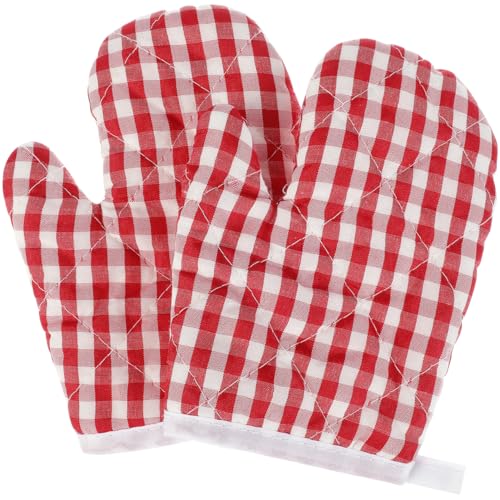 Kids Oven Mitts Heat Resistant Gloves for Microwave Baking Cooking 7.1X4.7 Inch Red Checkered Kitchen Gloves for Children 6-12 Years