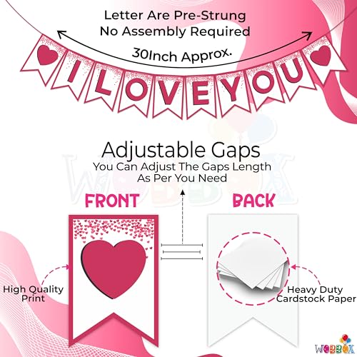 Image of Wobbox White & Pink Text inchI Love You inch Bunting Banner for Anniversary, Pre-Wedding & Wedding, Love Banner for Decoration
