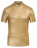 Men's 70s Disco Shiny Metallic Gold Silver Short Sleeve Mock Turtleneck Soft Pullover Shirts Tops Golden XXL