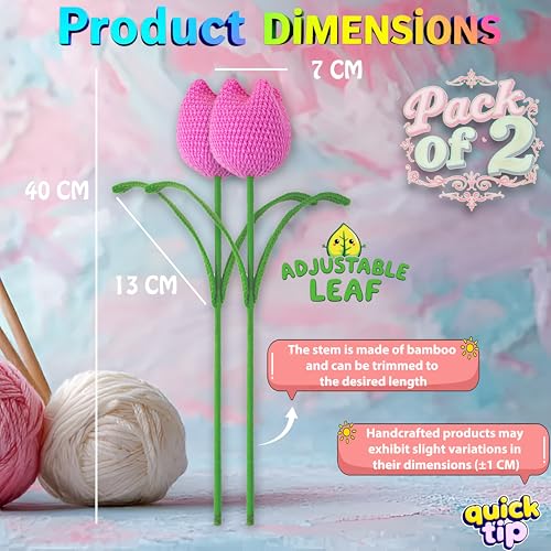 Image of Tulip Crochet Flowers | Handcrafted Artificial Faux Woolen Flower with Long Stem | Natural Looking Knitted Flower for Home, Living Room, Vase & Bouquet Decoration & Gifting | Pink- 2 Pcs