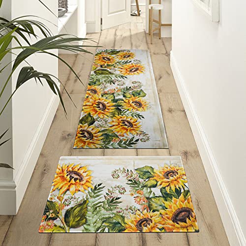 Xsinufn Sunflower Farmhouse Kitchen Rugs Set 2 Piece Colorful Summer Flowers Decorative Rug For Kitchen Low-Profile Floor Mats Decorations For Home Kitchen (17"X48"+17"X30") #TOP4