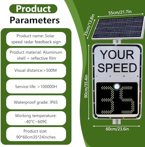 Solar Powered Radar Speed Limit Sign, LED Display for Highways & Speed-Limited Roads, 600mm x 900mm, Includes Accessories for Enhanced Safety & Visibility