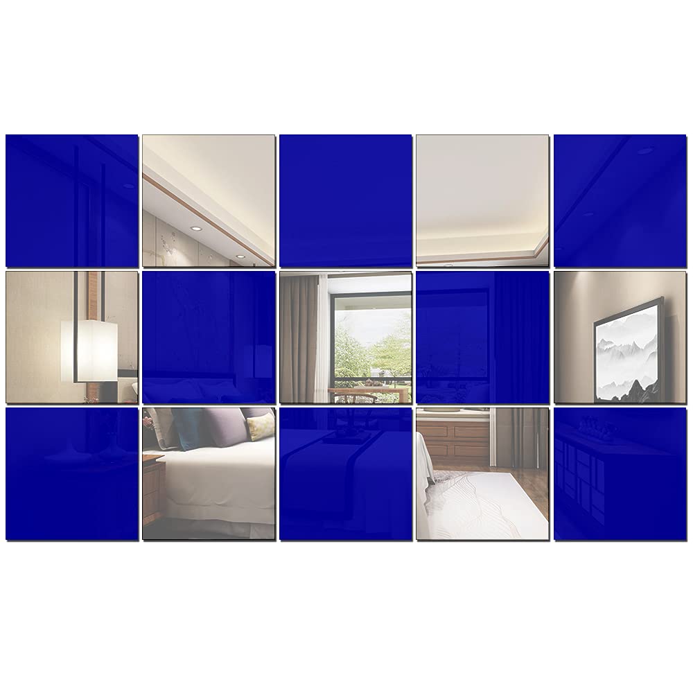 Miroirs muraux carrés amovibles lot de 15 pièces en acrylique bleu et argenté sans verre