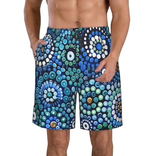 Men's Quick Dry Swim Shorts Traditional Aboriginal Dot Art Abstract Blue Green Beach Trunks with Pockets