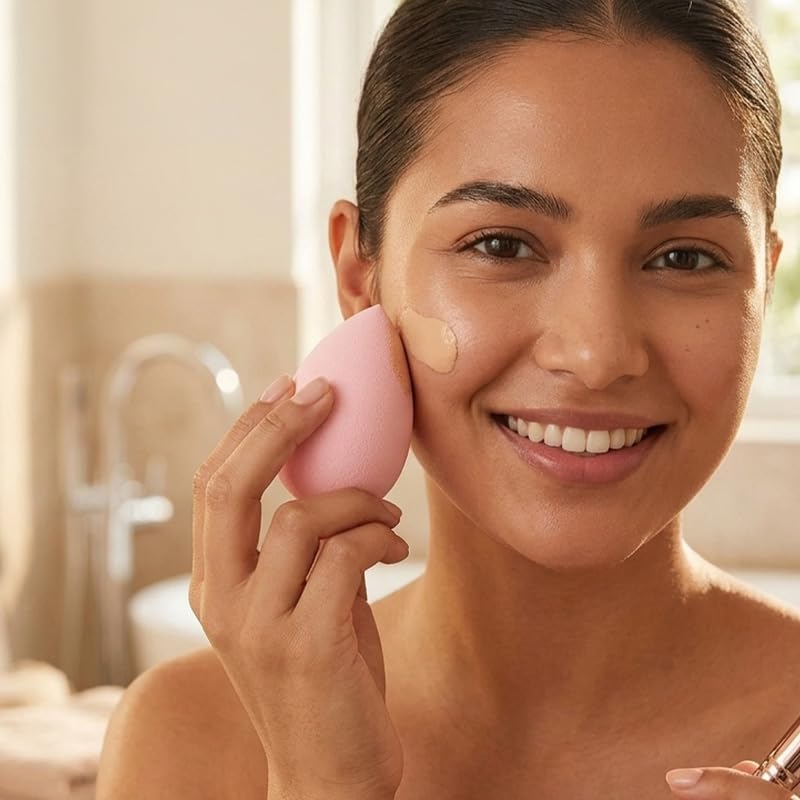 Pink Teardrop Makeup Sponge for Foundation and Powder Seamless Blending Sponge with Cylindrical Case