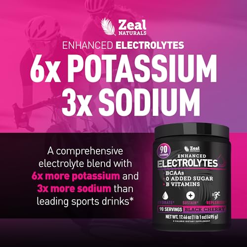 Image of Zeal Electrolyte Powder - 90 Servings | Keto Electrolytes Powder | Zero Sugar, BCAAs, B-Vitamins | Potassium, Zinc, Magnesium | Hydration Powder Recovery Drink | Black Cherry