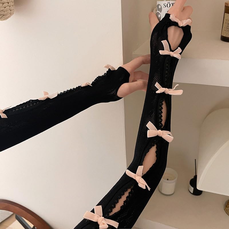 Image of Women Kawaii Lace Bolero Y2K Sheer Mesh Shrug Lolita Bowtie Fishnet Shawl Cute Sweet Arm Sleeves Y2K Accessories