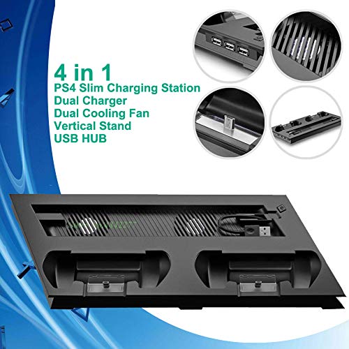 PS 4 Slim Vertical Stand Cooling Fan Cooler & Dual USB Charger Charging Dock and 3 Extra HUB for Playstation 4 PS4 Slim + 4 Caps