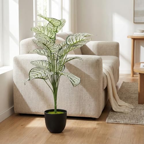 Image of Dekorly Artificial Palm Tree - Large Fake Tropical Floor Plant, Realistic Plastic Greenery for Indoor Home, Office, Living Room & Corner Decor (Dieffenbachia White)