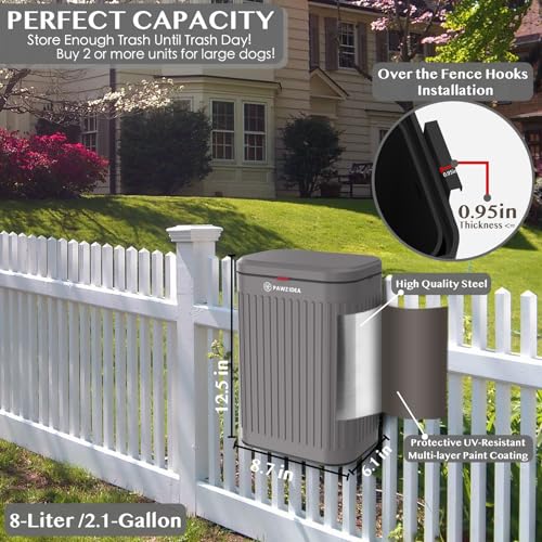 Image of PAWZIDEA 2.1 Gallon Wall Mount Dog Poop Trash Can Outside Odor Control, Outdoor Small Metal Dog Proof Waste Station with Lid & Activated Carbon, Weatherproof Pet Poop Bin Hang Fence, Backyard, Garbage