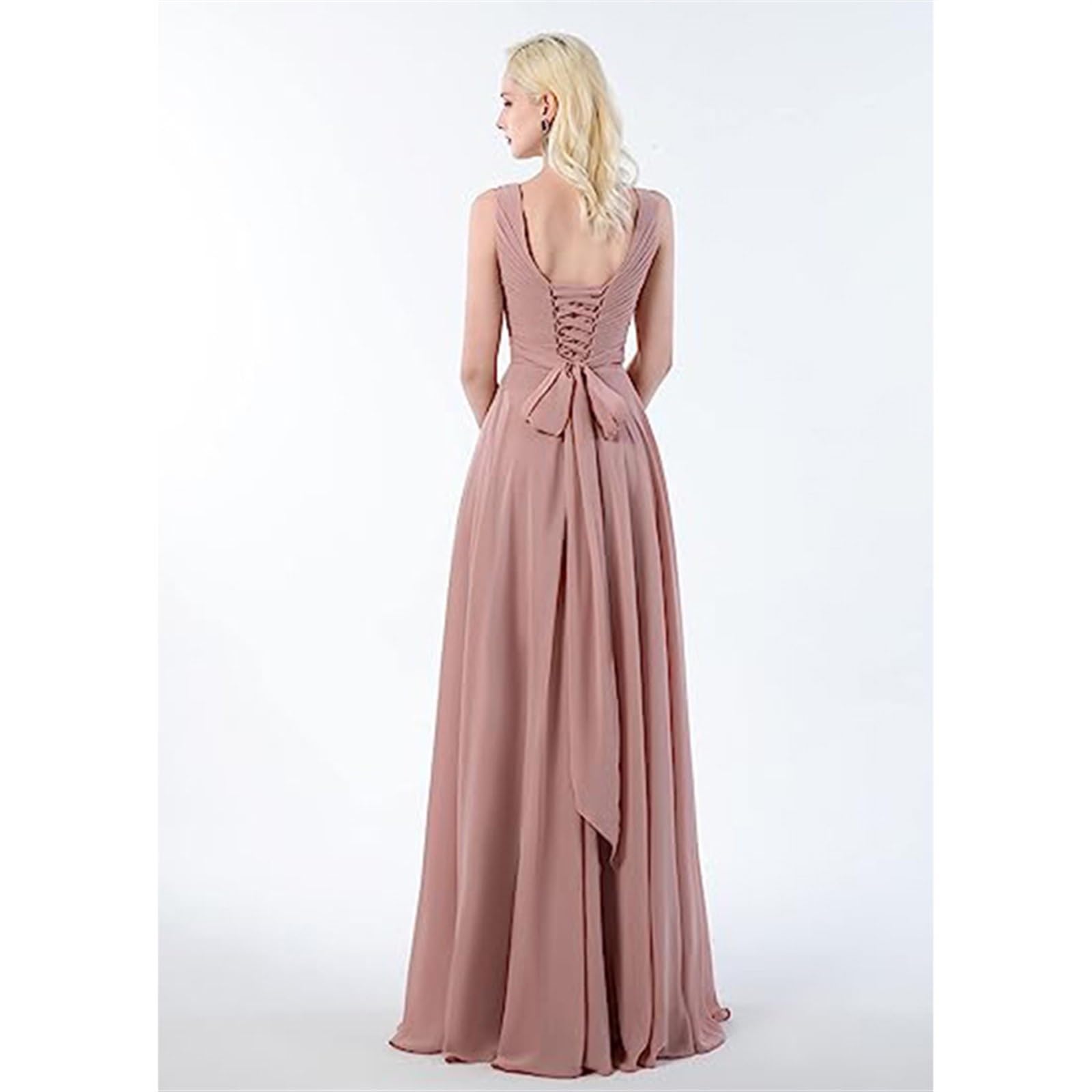 Vestidos de Dama de Honor for Mujer, Vestidos de Dama de Honor de Gasa con Cuello en V for Boda, Vestido Formal Largo de Cintura Alta for Bodas, Vestidos de Noche Fruncidos de línea A