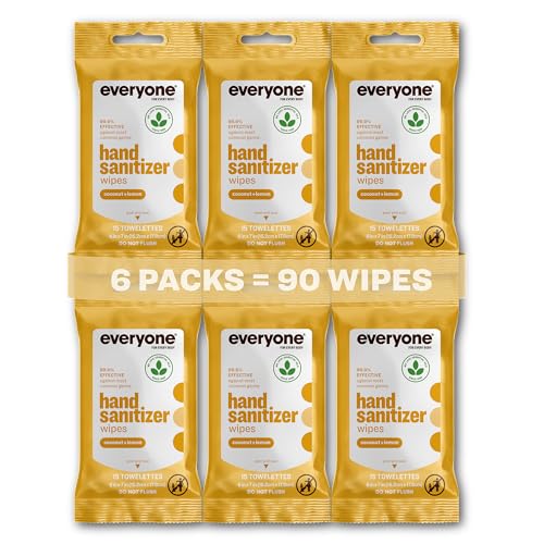 Everyone Hand Sanitizer Wipes 15 Wipes (Pack of 6) Coconut and Lemon Made with Sugarcane Derived Alcohol with Essential Oils TSA friendly