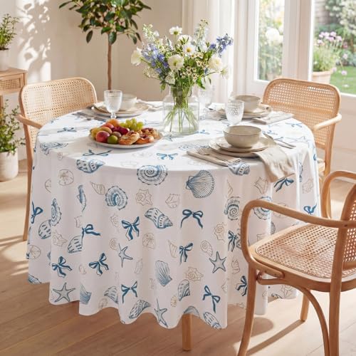 Image of Chumia 2 Pcs Coastal Tablecloth White and Blue Bachelorette Tablecloth Disposable Plastic Waterproof Table Covers Dinner Party Setting Floral Wedding Bridal Home Party(Round Shell)