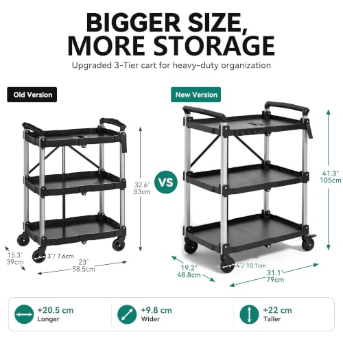 Image of YITAHOME 3-Tier Large Folding Utility Cart w /Wheels(2 Brakes), 300lbs | Foldable Service Cart Collapsible Rolling Cart w / 360 Swivel Wheels, Portable Cart w /Tool Side Mount Strap for Garage Office