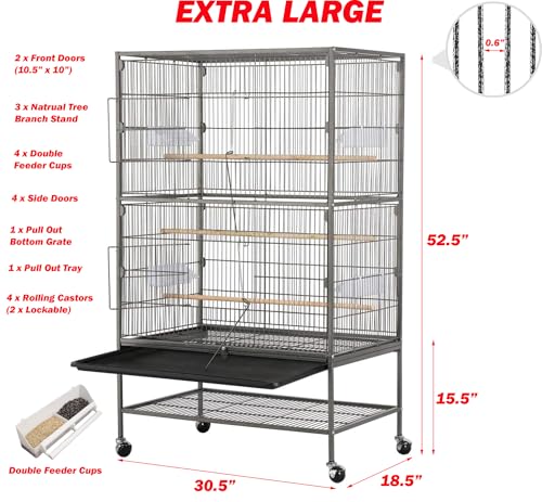 X-Large Sturdy Wrought Iron Breeding Flights Canary Parakeet Cockatiel African Grey Lovebird Finches Parrot Home Cage Double Large Front Doors 4 Side Doors Bottom Storage Shelf On Lockable Wheels