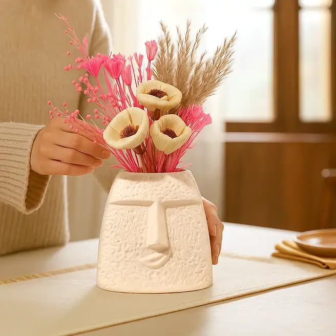FNP Dried Floral Arrangement in Face Planter with Pampas Grass | Maize Roses & Nigella, Pink Tishi Grass, Rustic Home Decor, Lightweight & Durable, Office & Festive Use-image-12