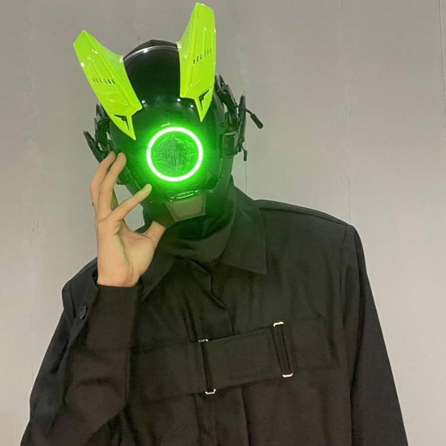 Amazon | 緑の角に緑のLED円形ランプ黒のフルフェイスサイボ