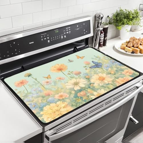 Image of Daisy Floral Butterfly Gas Burners Top Covers Non-slip Extra Large Stove Top Cover for Electric Waterproof Rubber Base Surface Heart Resistant Oven Cover Mat 30x21 Inch Easy to Storage