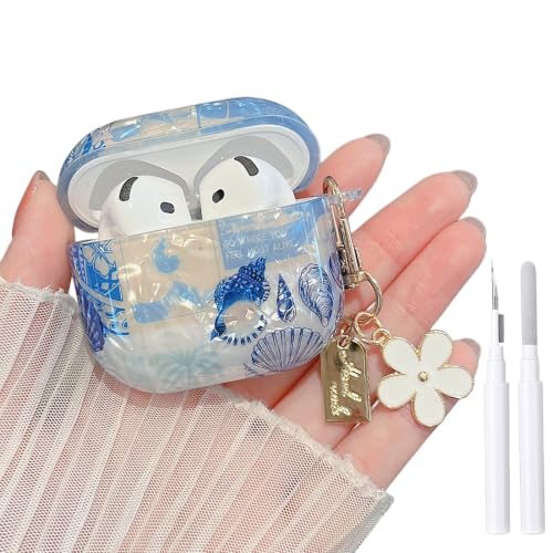 Image of MINSCOSE for Glitter AirPods 4 Case,Cute Shell Pattern Marine Life Design with Floral Keychain,Soft TPU Anti-Drop Shockproof Cover with Cleaner Kit for Women Girls for AirPods 4-Seashell
