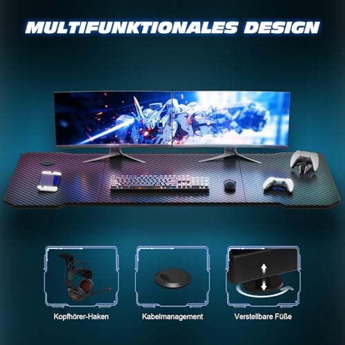 Gaming Tisch 120 x 60 cm, Gaming Schreibtisch, PC Tisch mit Kopfhörerhaken und Kohlefaserbeschichtung, Ergonomischer Computertisch, Metallgestell, Kohlefaser Schwarz – Bild 5